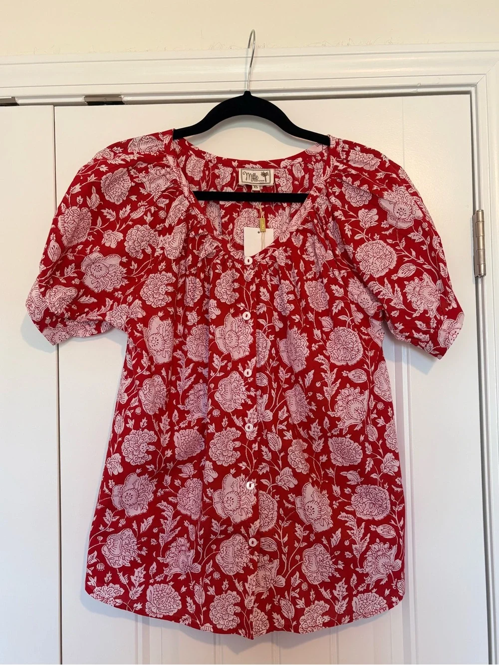 NWT Mille Naomi Red Zinnia Blouson Short Sleeve Top Size XS - Picture 6 of 10